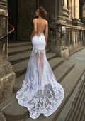 Graceful White Mermaid Wedding Dresses Detachable Train 3 in 1 Lace Applique Sheer Neck Bridal Gown Backless Robe De Mariée