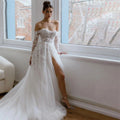 Gorgeous Beautiful Off Shoulder Bohemia High Split Wedding Dresses Spaghetti Straps Beach Bridal Gown Sweep Train Robe Custom