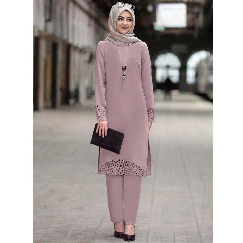 2024 Muslim Sets Abaya Women Casual Long Sleeve Tops Blouse Pants Suit Modest Clothing Islamic 2 Pieces New Autumn Dress Ramadan