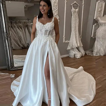 Haohao Elegant Spaghetti Straps Satin Wedding Dress For Women V-Neck Lace Appliques Slit Backless Sleeveless Bridal Gown 14W