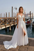 Beach Wedding Dress Chiffon A-Line For Women Side Slit Lace Appliques Floor Length Customize To Measures Bride Gown