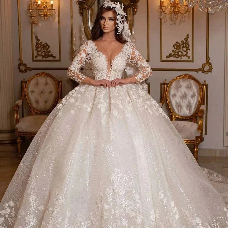 Vintage Lace Wedding Dresses Princess Ball Gowns Beading Bridal Shinny Tulle Long Sleeves Elegant Luxury Marriage Dress 14W