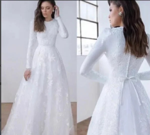 White Wedding Dress for Women Bride A-Line Robe De Mariée Long Sleeves France Lace Muslim Bridal Gowns Ivory