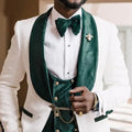 3 Pieces Groom Tuxedo for Wedding African Slim Fit Men Suits White Floral Pattern Jacket Green Velvet Vest with Black Pants 2024