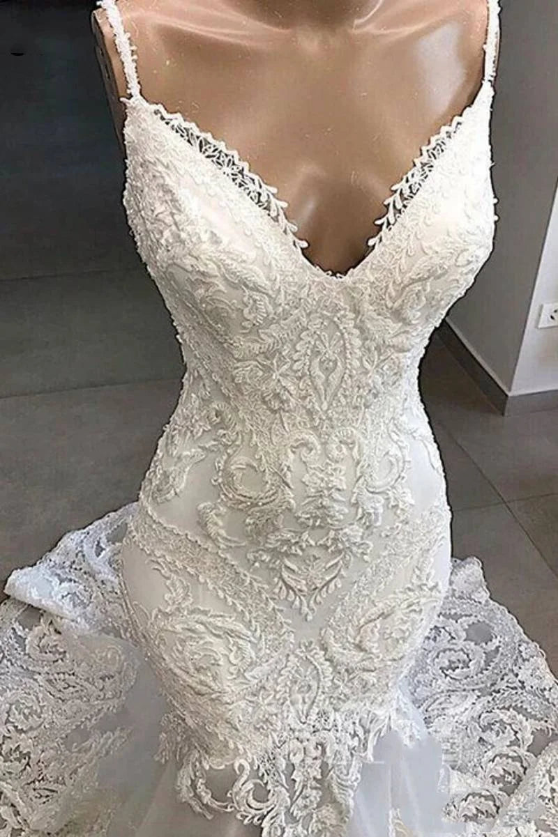 Haute Couture Elegant White Embroidery Spaghetti Strap Bride Dress Mermaid Appliques Sweep Train Floor-Length Wedding Dress Custom Color