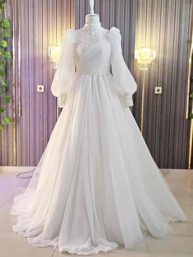 High Neck Muslim Wedding Dresses for Bride Vestidos De Novia A-Line Beaded Organza Lace Puffy Sleeves Bridal Gowns WHITE