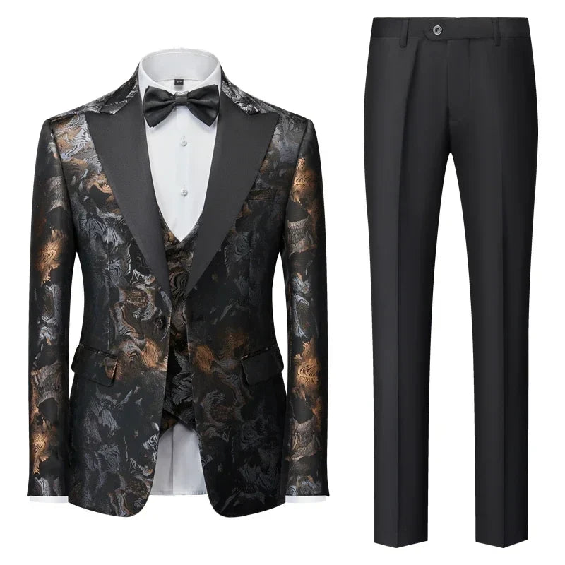 (Jacket Pants Vest) New Men's Casual Business Tuxedo Wedding Flower Dresses Blazers/Men Slim Fit Printed Suit 3 Pcs Set 4XL 5XL Red