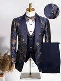 Floral Jacquard Tuxedo Suits for Men Wedding Slim Fit Navy Blue and Gold Gentleman Jacket with Vest Pant 3 Piece Male Costume