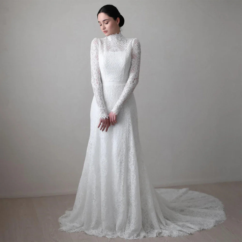 Modest White A Line Full Lace Wedding Dresses Long Sleeves High Neck Sweep Train Bridal Gowns Elegant Bride Gown Vestidos