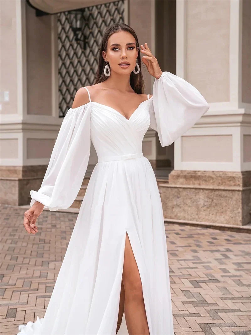 A-Line Wedding Dresses Off the Shoulder Long Puff Sleeves Bridal Gowns Vestido De Novia Civil D Elegant Customize To Measures White