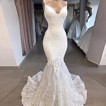 Haute Couture Elegant White Embroidery Spaghetti Strap Bride Dress Mermaid Appliques Sweep Train Floor-Length Wedding Dress Custom Color