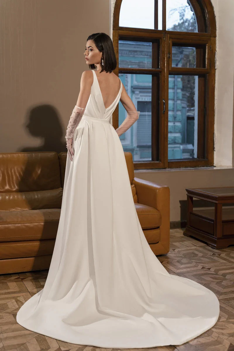 Stunning A-line Wedding Dress Spandex V-Neck Backless Side Slit Detachable Skirt Customize To Measures Bridal Gowns Robe De