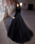 French Black Prom Dresses Gothic Tulle Charming Women Formal Evening Gowns Plunging V Neck Long Sleeves Bow Belt Met Gala