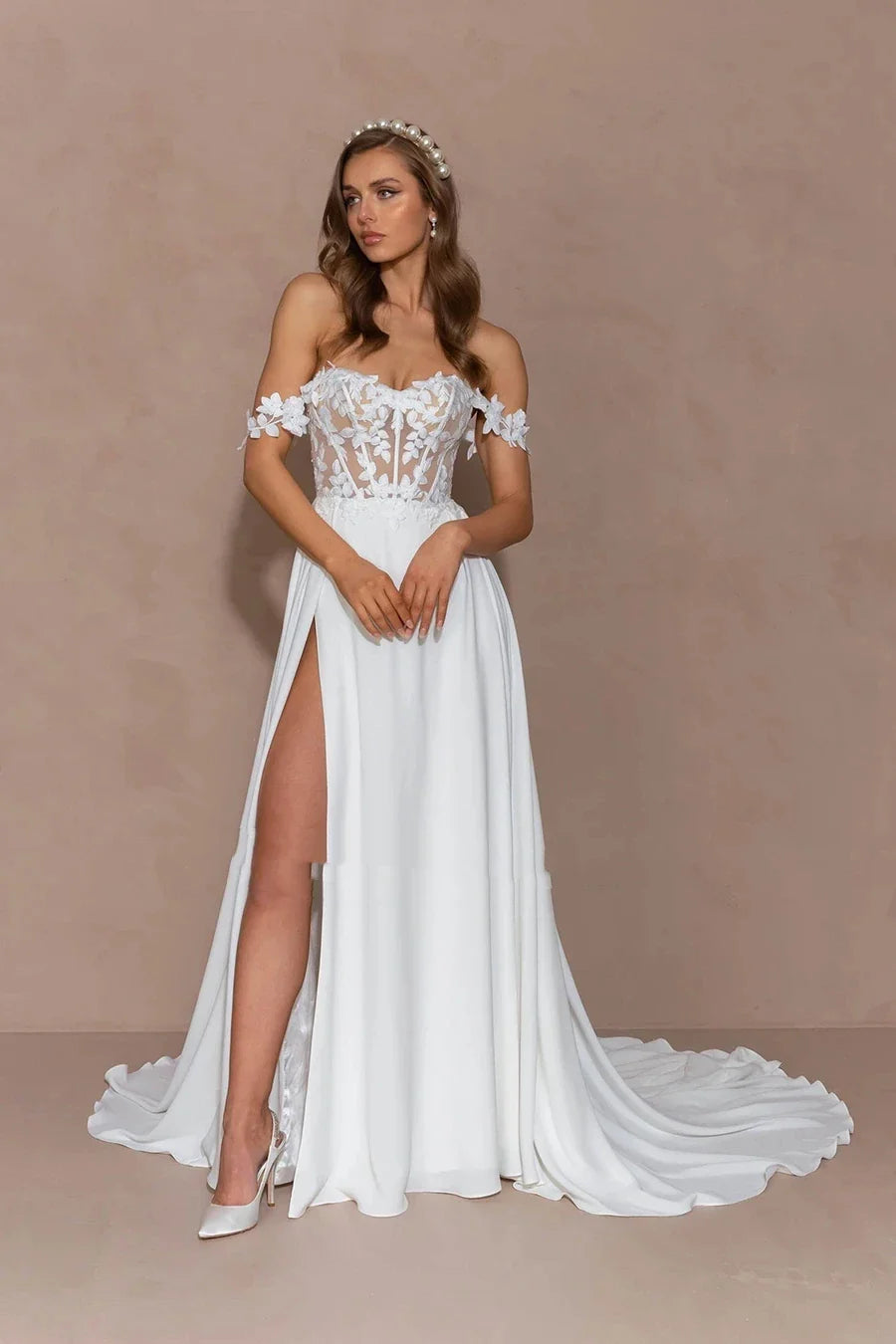 A-line Lace Elegant Bride Gown Sexy Backless Off Shoulder High Slit Wedding Dresses For W Beach Bride Dress Customize To Measure