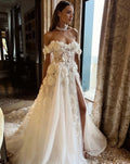 Lace Applique Wedding Dresses A-Line Sexy Mermaid Off The Shoulder Sleeveless High Slit Simple Mopping Bride Gowns Custom Made