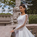 Simple Satin A Line Wedding Dress Boat Neck Full Sleeve Long Dresses Vintage Button Beading Elegant Gowns Dress Custom Made