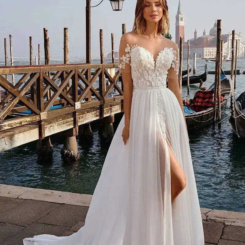 Beach Wedding Dress Chiffon A-Line For Women Side Slit Lace Appliques Floor Length Customize To Measures Bride Gown