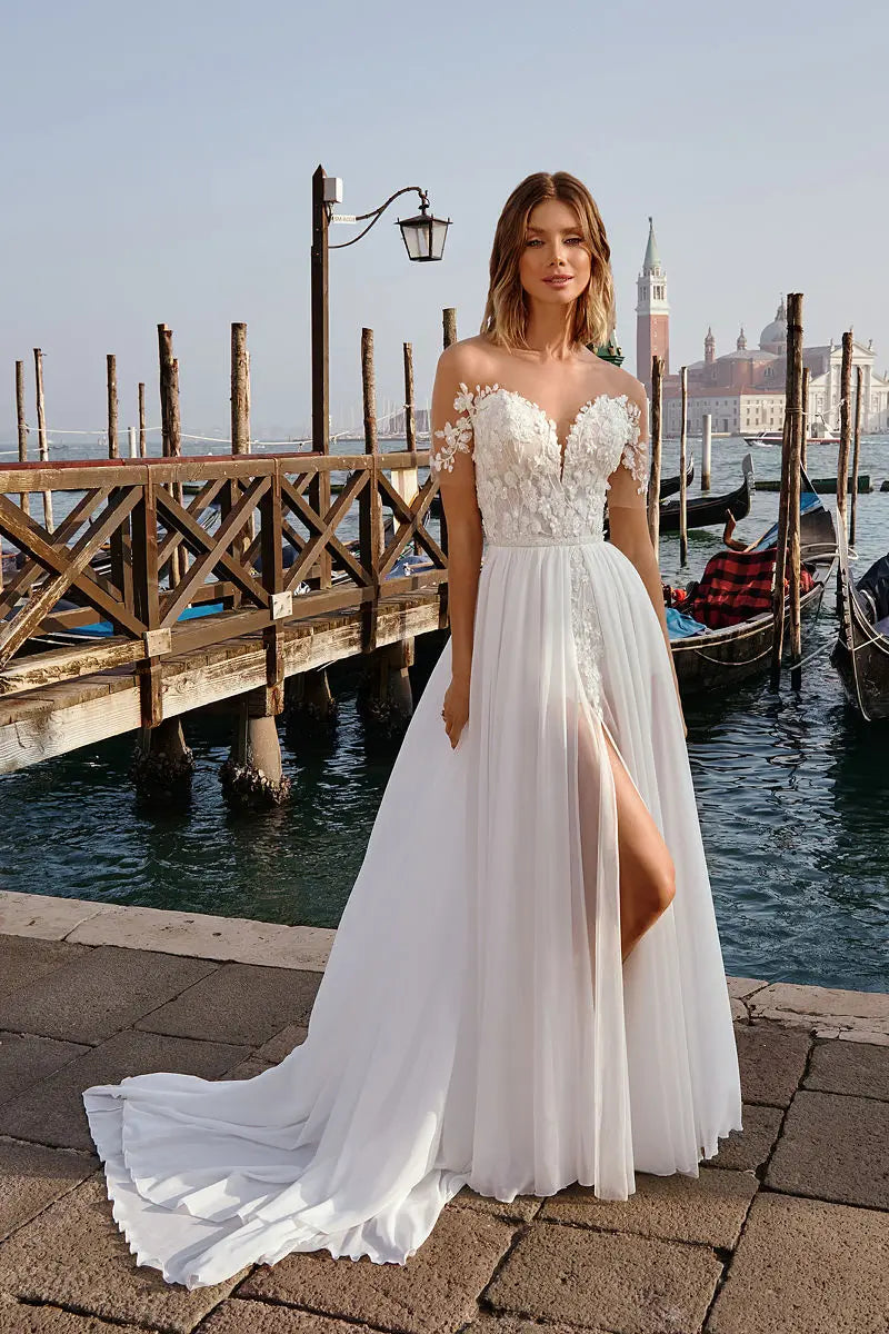 Beach Wedding Dress Chiffon A-Line For Women Side Slit Lace Appliques Floor Length Customize To Measures Bride Gown White