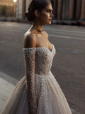 Graceful Off The Shoulder Wedding Dress Sparkly Sequins Pearls Dress For Bride Luxury A-line Long Bridal Gown Robe De Mariée