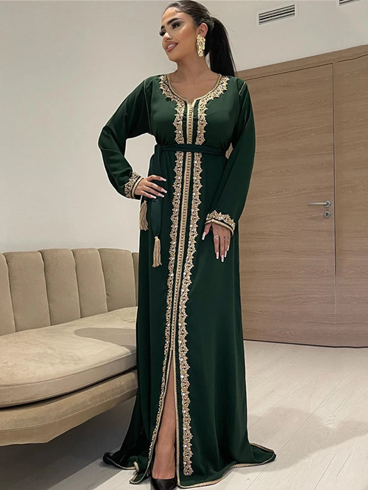 Hunter Green Moroccan caftan Evening Dresses Long Sleeves Lace Special Occasion Dress Luxurious Crystal Party Gown