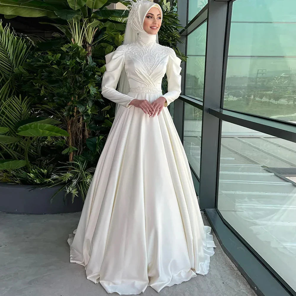 Arabic Long Sleeve Muslim Wedding Dress Bride Islamic Hijab Bridal Gowns High Neck Satin Vestido De Noiva Casamento Ivory