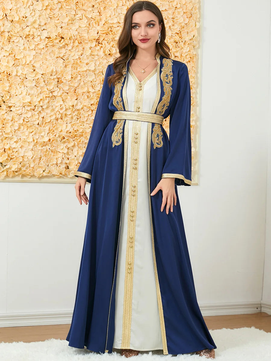 Muslim Fashion Two Piece Jilbab Robe Appliques Winter Abaya And Vest Long Dress Overgarments Islamic Women Moroccan Caftan