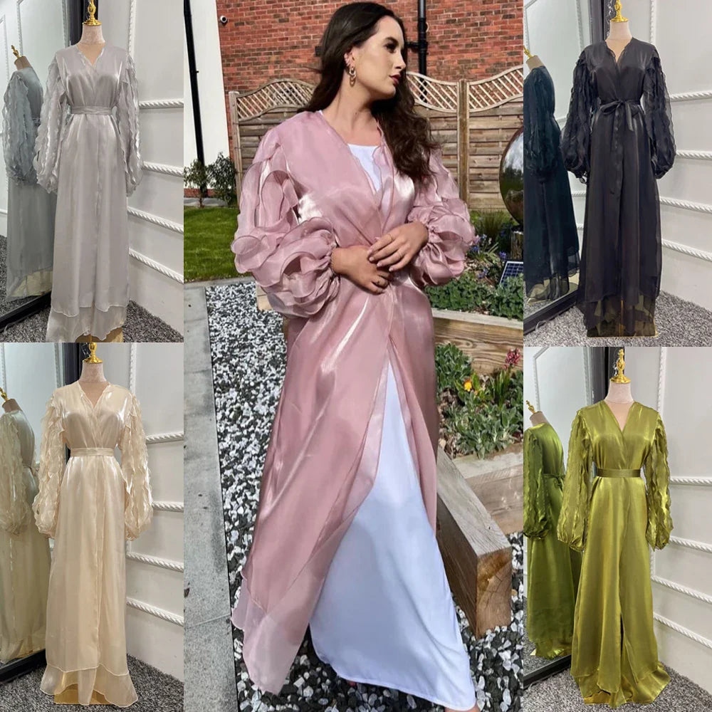 2024 Summer Elegant Women Muslim Open Abayas Cardigan Long Maxi Dresses Turkey Kimono Ramadan Kaftan Arab Robe Belt Dubai Caftan