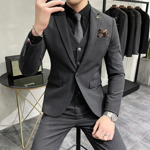 ( Jacket + Vest + Pants ) High-end Brand Boutique Fashion Solid Color Mens Casual Business Suit 3Piece Set Groom Wedding Dress Dark Gray