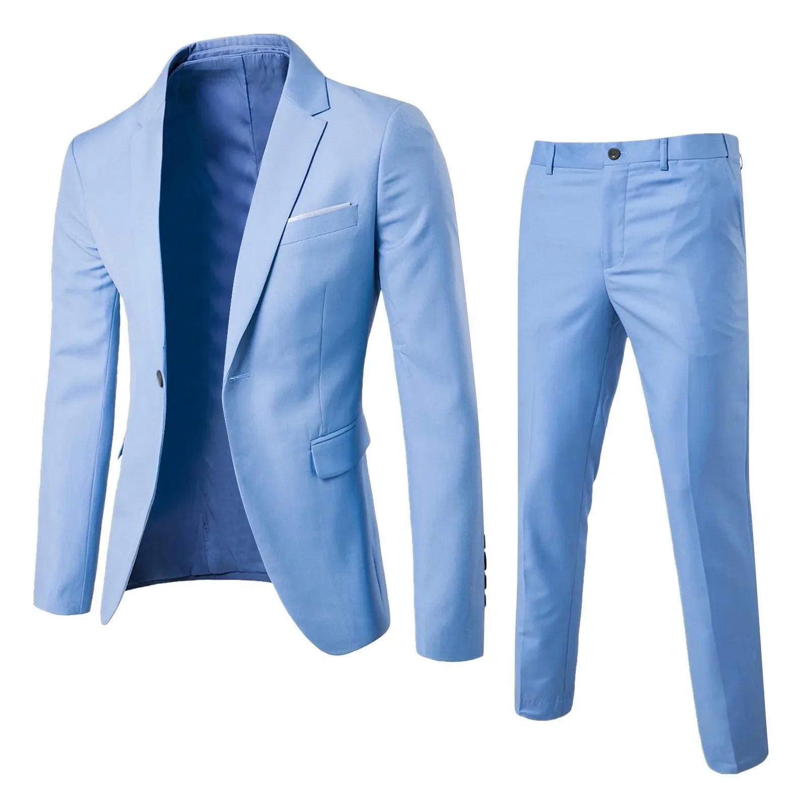 Men's Wedding Suit For Groom Best-Man Groomsman 2023 Pure Color Elegant Blazer Pant Set Slim Men Formal Dress Suit Clothes Light Blue