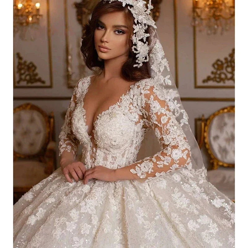 Vintage Lace Wedding Dresses Princess Ball Gowns Beading Bridal Shinny Tulle Long Sleeves Elegant Luxury Marriage Dress