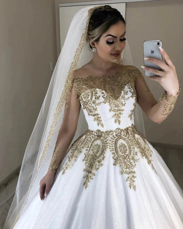 Muslim Gold Lace Wedding Dresses For Bride Off Shoulder Long Sleeves Ball Gown Dubai Saudi Arabia Bridal Gown With Applique WHITE