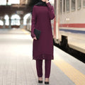 2024 Muslim Sets Abaya Women Casual Long Sleeve Tops Blouse Pants Suit Modest Clothing Islamic 2 Pieces New Autumn Dress Ramadan 03 Wine Red