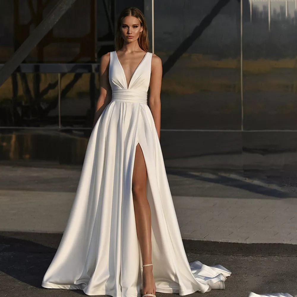 A-Line Wedding Dress Satin Side Slit Floor Length Custom Made To Measure For women Robe De Mariee With Pocket White Elegant 14W