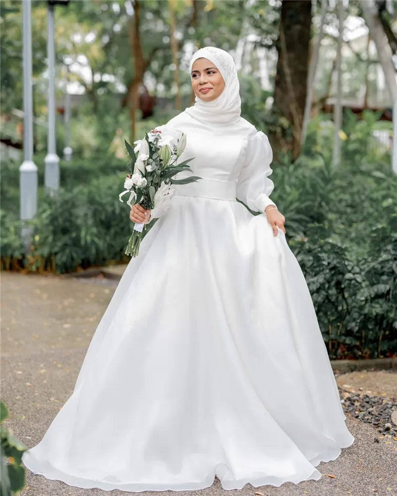 Dubai Muslim Hijab Wedding Dresses for Woman A-Line Chiffon Elegant Bridal Dress with Sleeves Veils Robe De Mariée Ivory