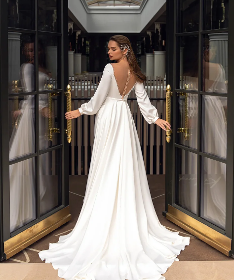 New Arrival Wedding Dress Sheer Mesh Scoop Neck Puff Sleeves Beading Mermaid Bridal Gown with Detachable Train