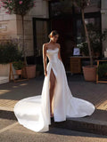 Elegant Luxury Pearl Wedding Dress With Sexy backless Slit A Line Ball Gown Strapless Bridal Gowns Back Button Vestido De Novia