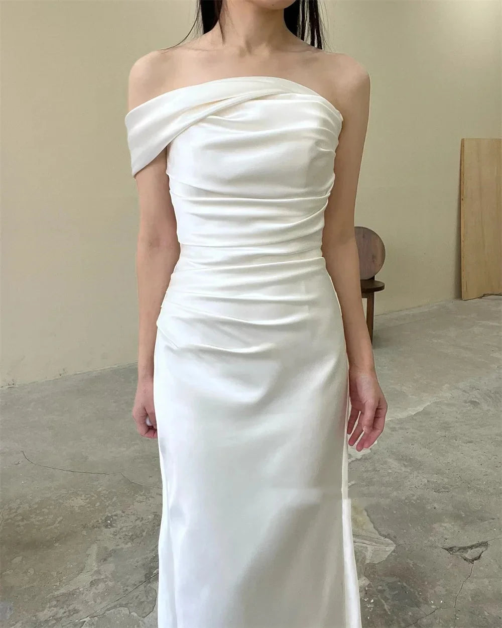 One Shoulder Wedding Dress Korea Photo Shoot Mermaid Satin Floor Length Bridal Gown Custom Made To Measures Floor Length White