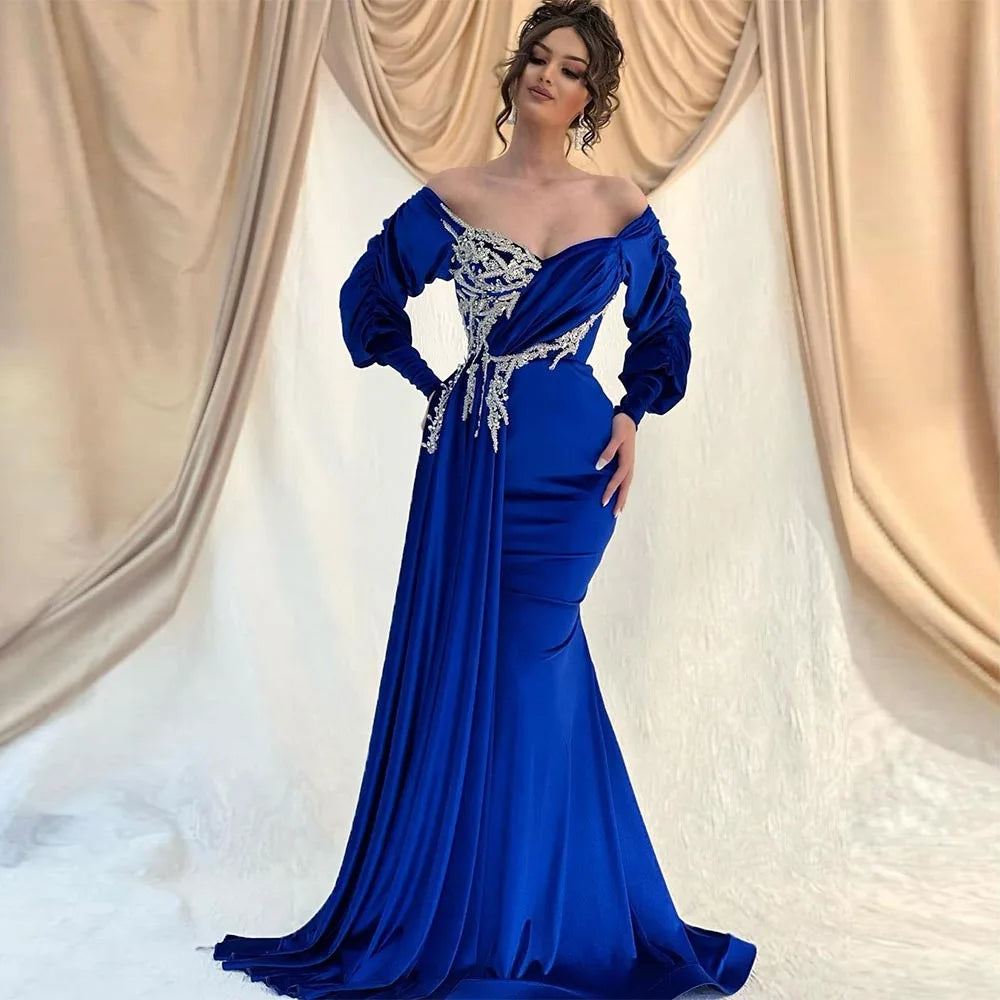 Royal Blue Mermaid Muslim Evening Dresses Long Sleeves Beaded Lace Off Shoulder Dubai Saudi Arabic Formal Prom Gowns