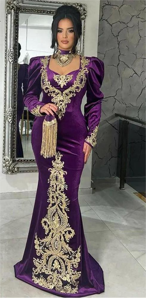 Velour Lace Moroccan caftan Formal Evening Dress Purple Long Sleeve High Neck Velvet Women Prom Party Gowns