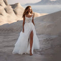 Charming Latest Wedding Dresses Lace Bridal Gowns Side Split Wedding Gowns Square Neck Flowers Robe de mariée Sequined White 26W