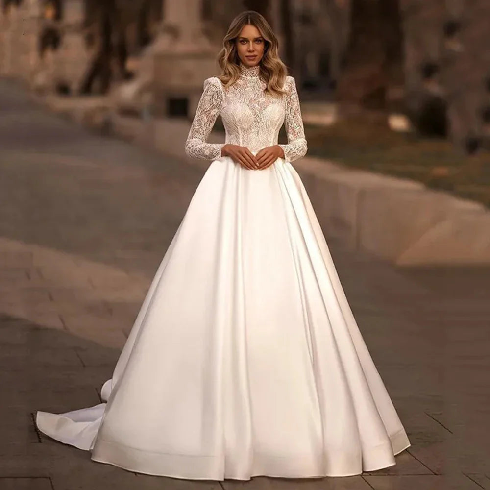 Luxury Illusion Wedding Dresses Simple Bride Dresses High Neck Long Sleeves Lace Appliques Elegant Wedding Gowns Long Train