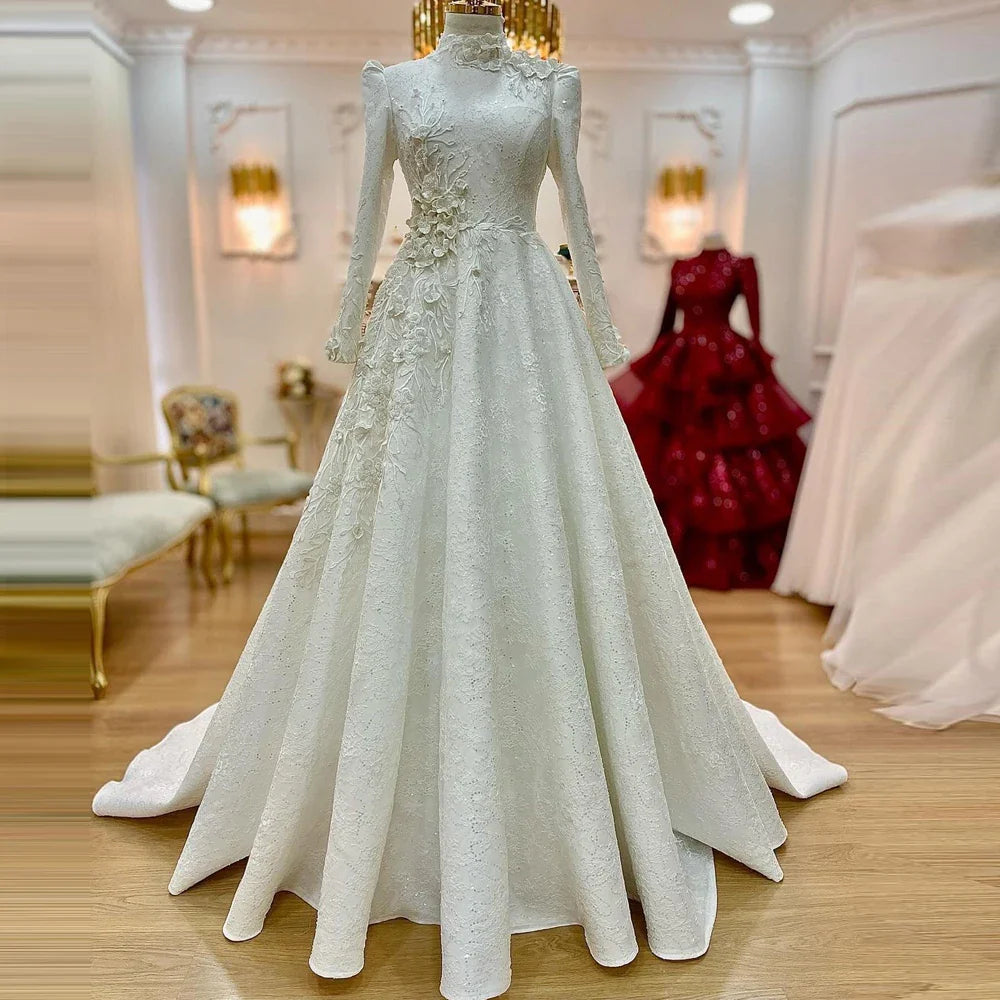 Lace Long Sleeve Muslim Wedding Dress for Bride A-Line Dubai Arabic Bridal Dresses Flowers Beaded Vestido De Novia White