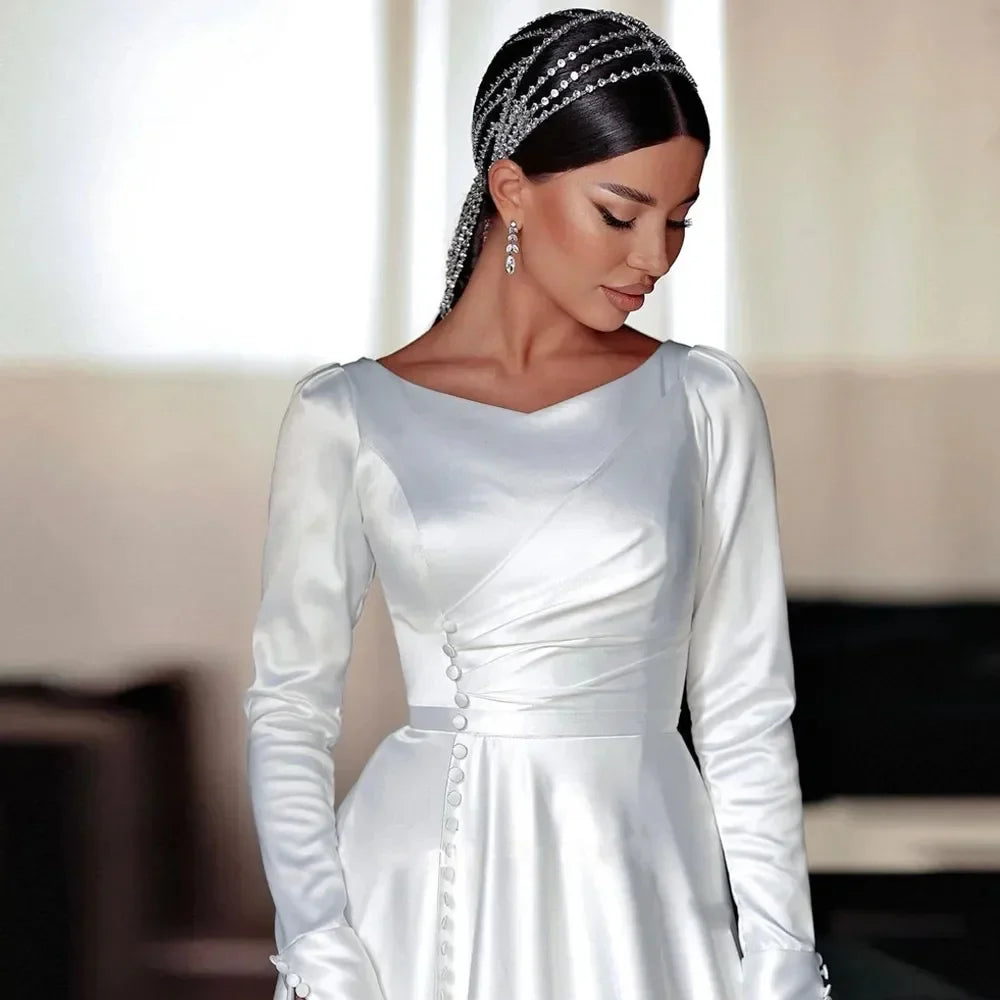 Garden A Line Wedding Dress For Women Buttons Front Bride Gowns Long Sleeve Simple Vestido D Elegant Customize To Measures White