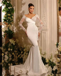 Beautiful A Line Wedding Dresses Gorgeous Satin Deep V-neck Lace Appliques Slimming Beautiful Mopping Beach Bridal Gown