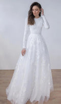 White Wedding Dress for Women Bride A-Line Robe De Mariée Long Sleeves France Lace Muslim Bridal Gowns