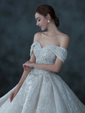 PERFECT Wedding Dress Boat Neck Lace Sequins Applique Crystal Off Shoulder Court Train Ball Gown Princess Bridal Gowns New