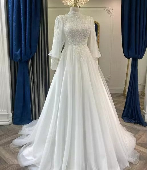 Elegant High Neck Plus Size Bespoke Wedding Dress A-Line Beading Bodice Tulle Vestidos De Casamento White Bridal Dress