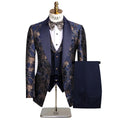 Floral Jacquard Tuxedo Suits for Men Wedding Slim Fit Navy Blue and Gold Gentleman Jacket with Vest Pant 3 Piece Male Costume