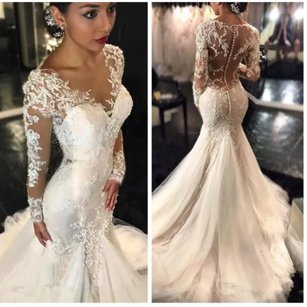 Luxury Lace Mermaid Wedding Dresses Dubai African Arabic V-neck See Through Long Sleeves Appliques Bridal Gown Vestido De Novia Ivory