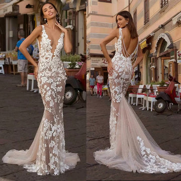 Sexy Lace Mermaid Wedding Dress Plunging V-Neck Boho Bridal Gown Backless Court Train Custom Vestido De Noiva vestido de noiva